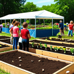 **

A vibrant, community garden scene with people of all ages engaged in various activities: planting flowers, analyzing soil, composting, and children learning about earthworms. Focus on showcasing diverse activities related to citizen science and sustainability.

**
