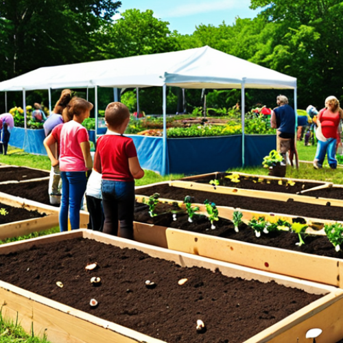 Home 11 **
A vibrant, community garden scene with people of all ages engaged in various activities: planting flowers, analyzing soil, composting, and children learning about earthworms. Focus on showcasing diverse activities related to citizen science and sustainability.
**