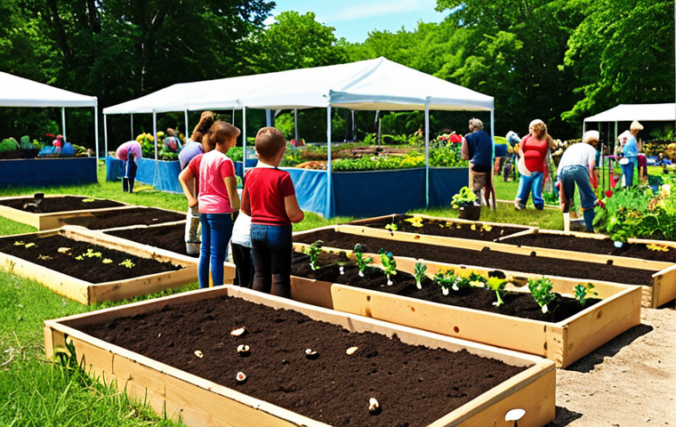 **
A vibrant, community garden scene with people of all ages engaged in various activities: planting flowers, analyzing soil, composting, and children learning about earthworms. Focus on showcasing diverse activities related to citizen science and sustainability.
**