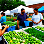 A diverse community group, including adults and older children, engaged in sustainable practices. In one part of the image, people are tending a vibrant urban community garden, harvesting fresh vegetables. In another part, they are at a lively local farmers' market, interacting with vendors and purchasing seasonal produce with reusable bags. The atmosphere is joyful and collaborative, showcasing connection to nature and local economy. All subjects are fully clothed, in modest, appropriate attire. Perfect anatomy, correct proportions, natural poses, well-formed hands, proper finger count. High-quality professional photography, safe for work, appropriate content, family-friendly.