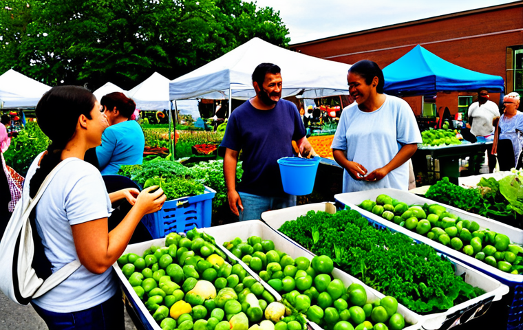 A diverse community group, including adults and older children, engaged in sustainable practices. In one part of the image, people are tending a vibrant urban community garden, harvesting fresh vegetables. In another part, they are at a lively local farmers' market, interacting with vendors and purchasing seasonal produce with reusable bags. The atmosphere is joyful and collaborative, showcasing connection to nature and local economy. All subjects are fully clothed, in modest, appropriate attire. Perfect anatomy, correct proportions, natural poses, well-formed hands, proper finger count. High-quality professional photography, safe for work, appropriate content, family-friendly.