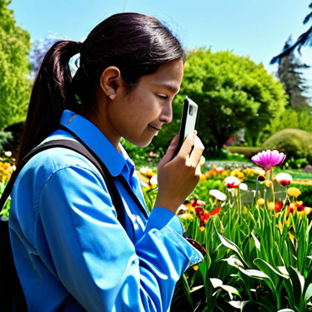 A diverse adult citizen scientist, fully clothed in modest, comfortable outdoor attire, standing in a vibrant botanical garden filled with blooming plants. They are holding a smartphone, capturing a close-up photo of a flower, demonstrating focused observation. The scene is bathed in natural daylight, with a clear, sunny sky. The image features professional photography, high detail, and realistic textures, highlighting the beauty of nature and technology's role in citizen science. perfect anatomy, correct proportions, natural pose, well-formed hands, proper finger count, natural body proportions, safe for work, appropriate content, family-friendly.