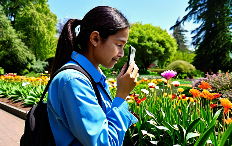 A diverse adult citizen scientist, fully clothed in modest, comfortable outdoor attire, standing in a vibrant botanical garden filled with blooming plants. They are holding a smartphone, capturing a close-up photo of a flower, demonstrating focused observation. The scene is bathed in natural daylight, with a clear, sunny sky. The image features professional photography, high detail, and realistic textures, highlighting the beauty of nature and technology's role in citizen science. perfect anatomy, correct proportions, natural pose, well-formed hands, proper finger count, natural body proportions, safe for work, appropriate content, family-friendly.