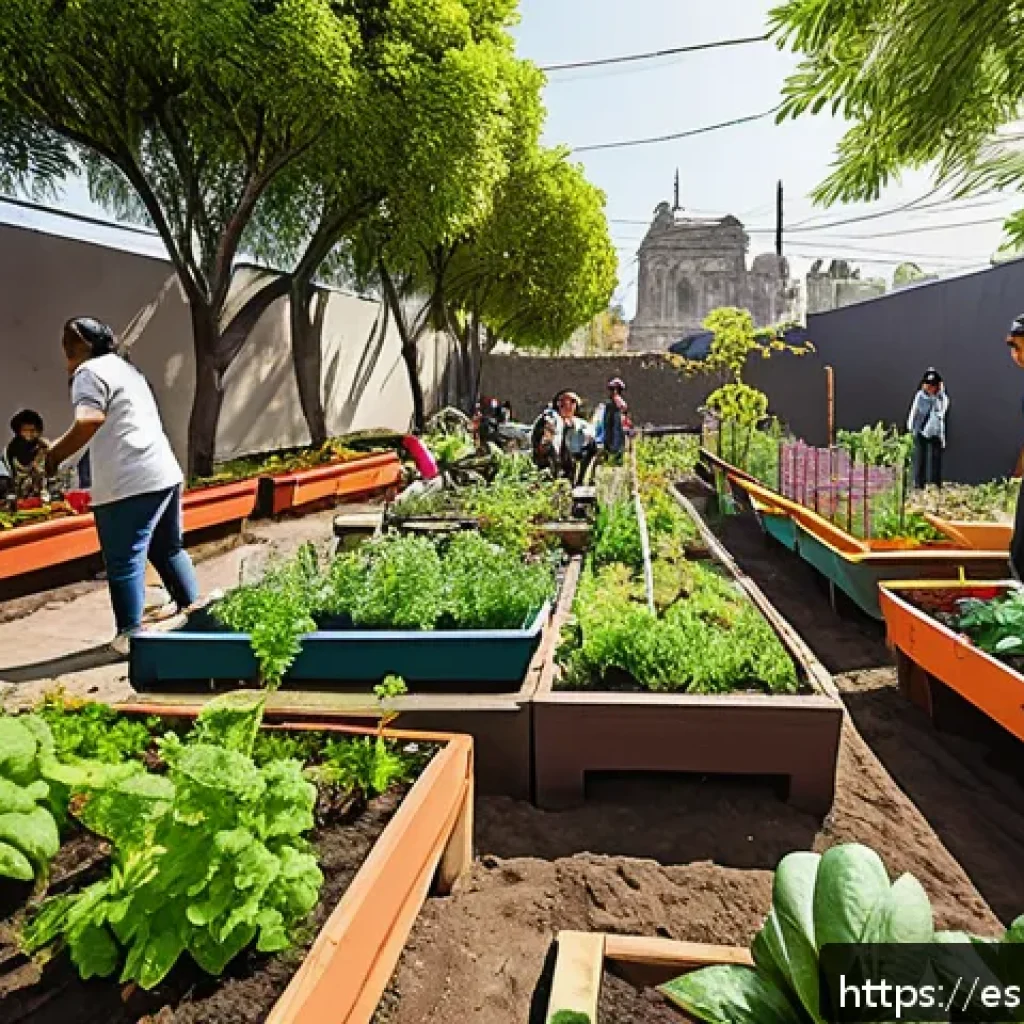 기후변화 대응을 위한 지역 사회의 역할 - A vibrant urban community garden in Mexico City featuring diverse people of all ages actively planti...