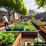 Home 23 기후변화 대응을 위한 지역 사회의 역할 - A vibrant urban community garden in Mexico City featuring diverse people of all ages actively planti...