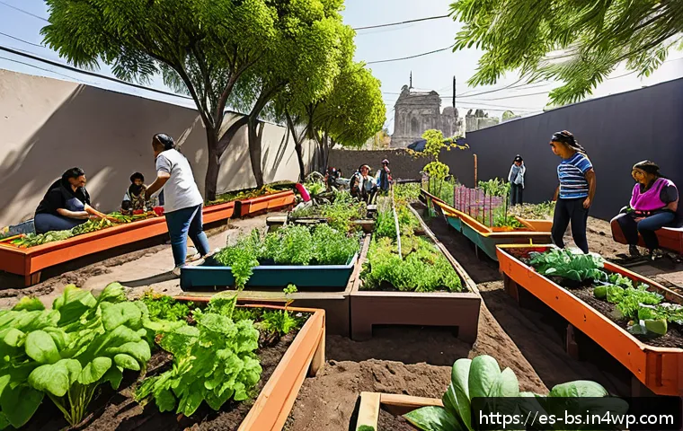 기후변화 대응을 위한 지역 사회의 역할 - A vibrant urban community garden in Mexico City featuring diverse people of all ages actively planti...